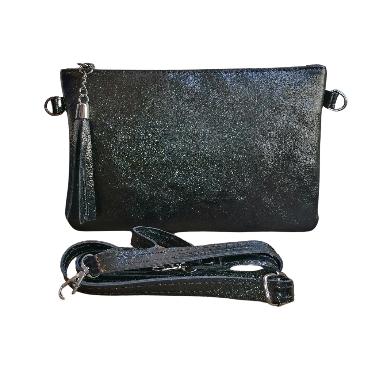 Bustina Tracolla con Frangia in Vera Pelle Metalizzata Made In Italy A222