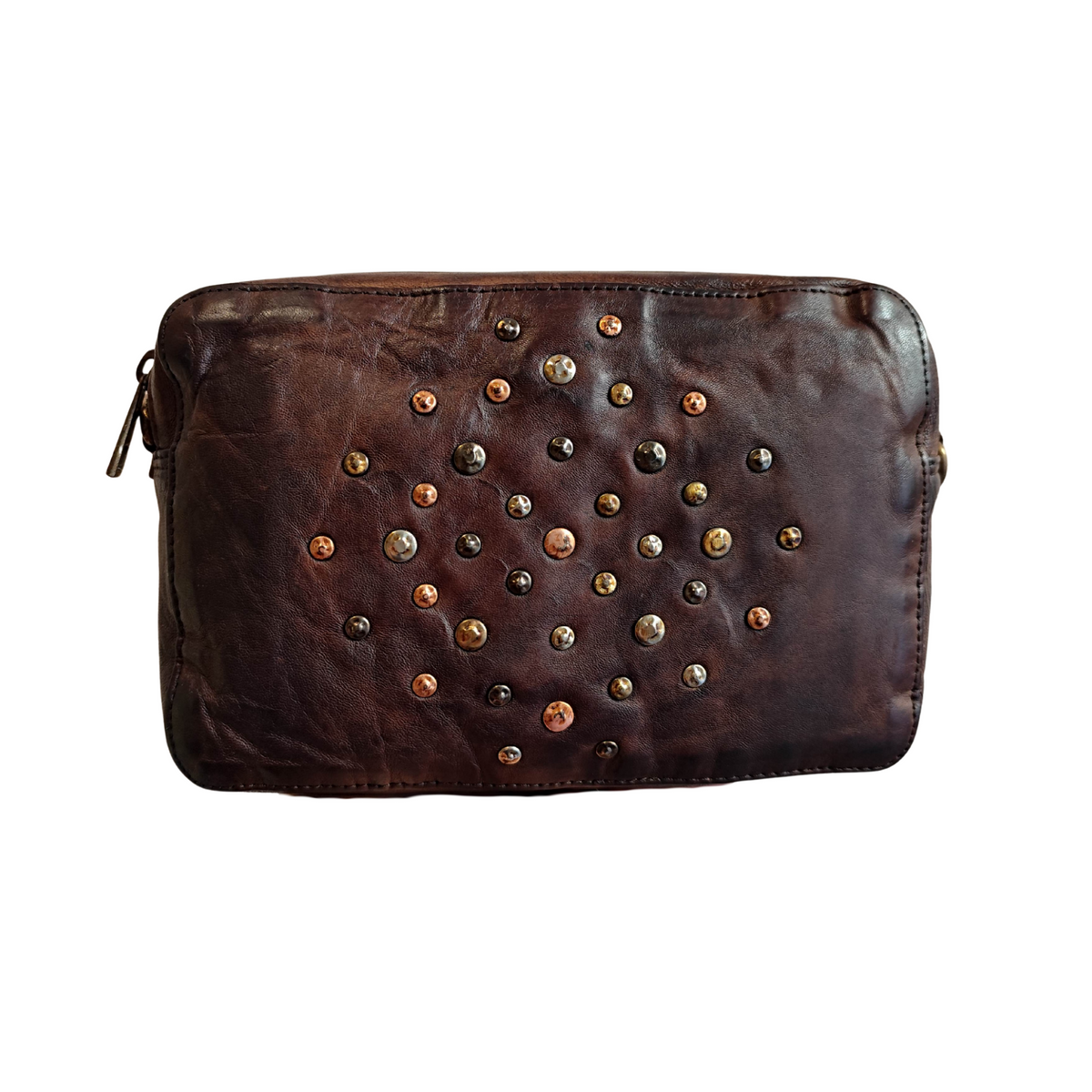 Borsetta a Tracolla Doppio Zip con Rivetti in Vera Pelle Sauvage Vintage