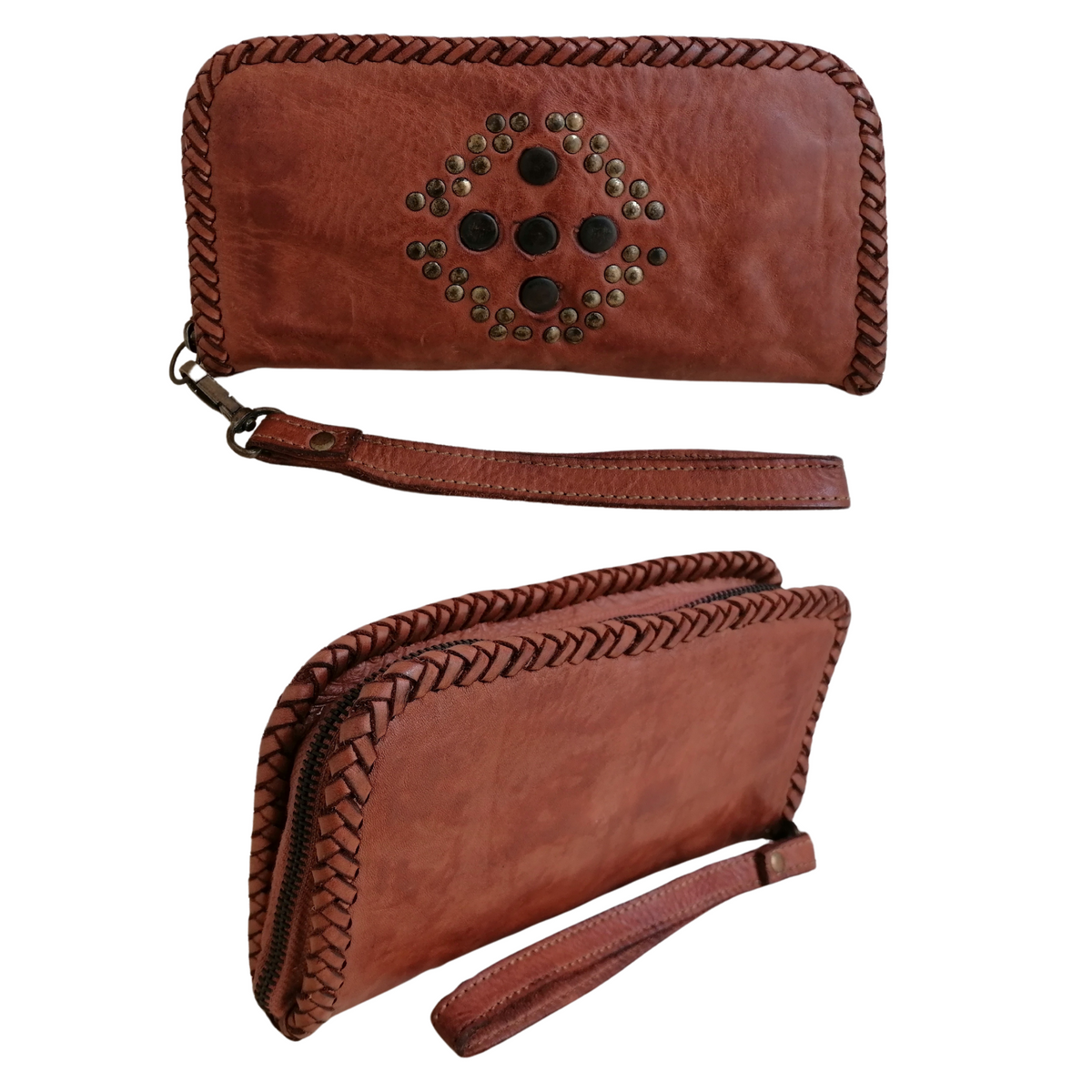 Portafoglio in Pelle Sauvage Morbida con Manico Borchie effetto Vintage