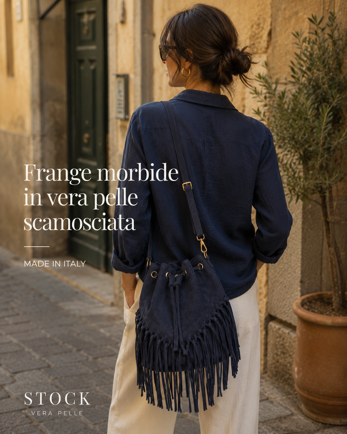 Borsa a Secchiello con Frangia in Pelle Scamosciata | Made in Italy