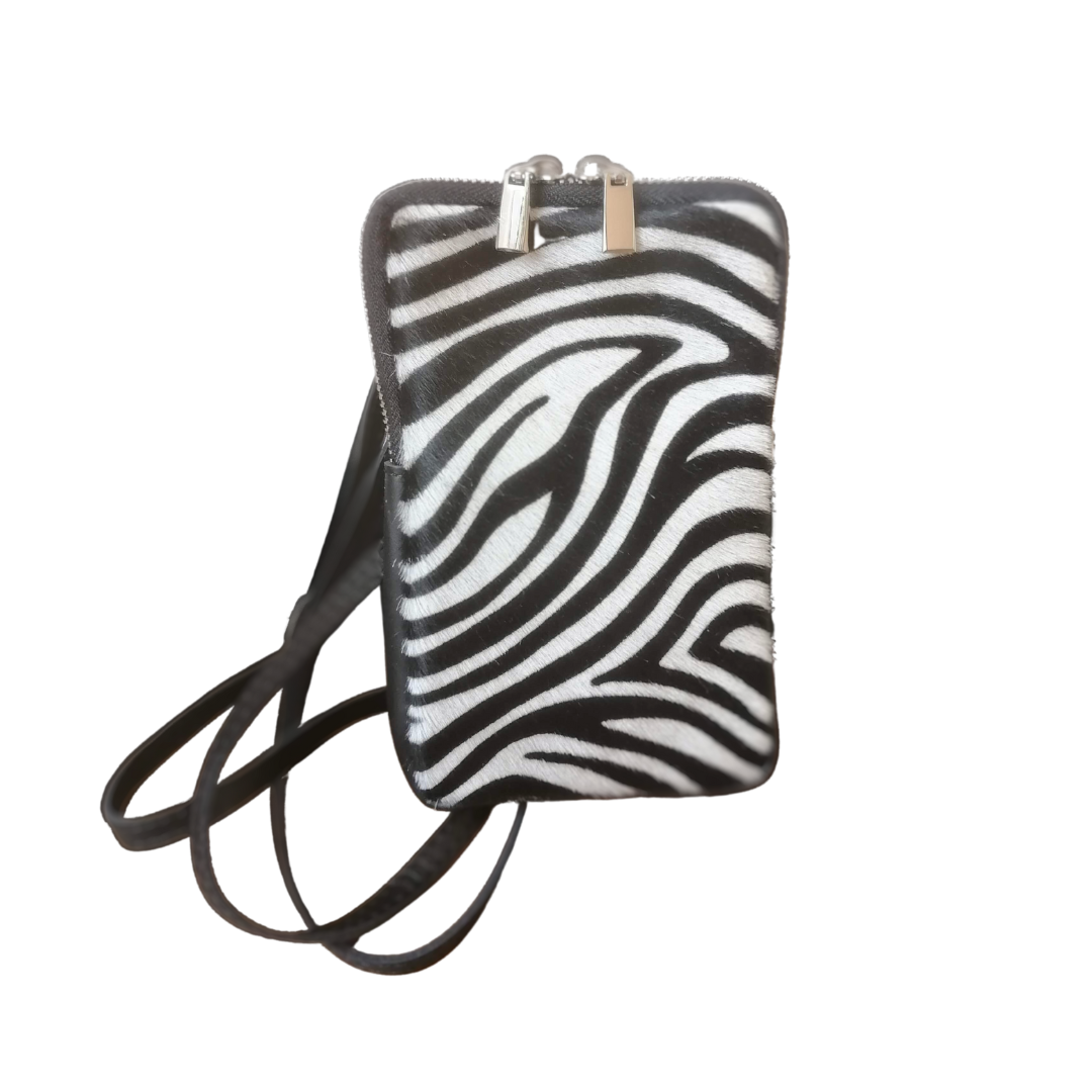 portacellulare cavallino zebrato bianco zip acciaio