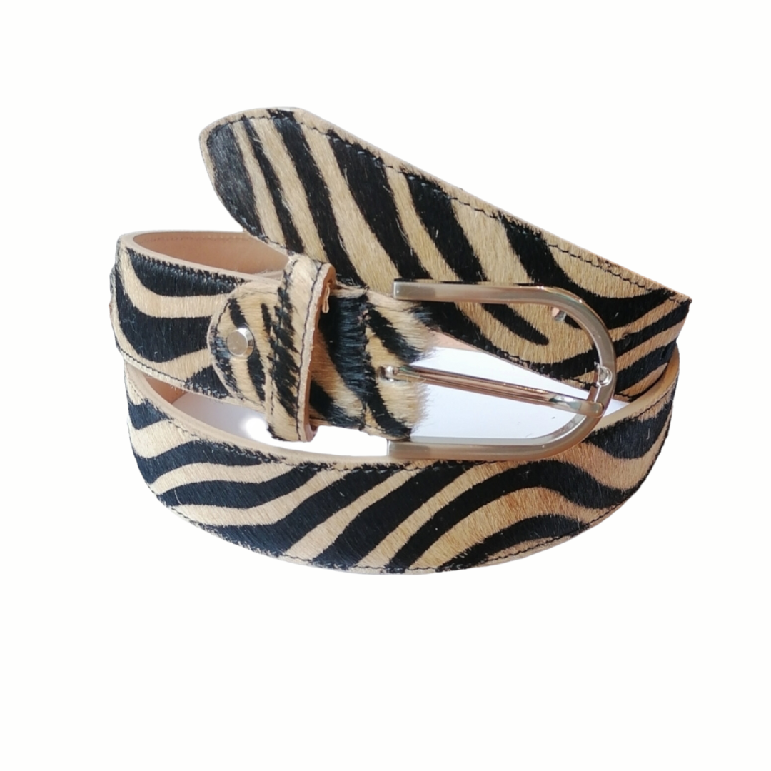 Cintura in pelle cavallino fantasia zebrato Beige e nero