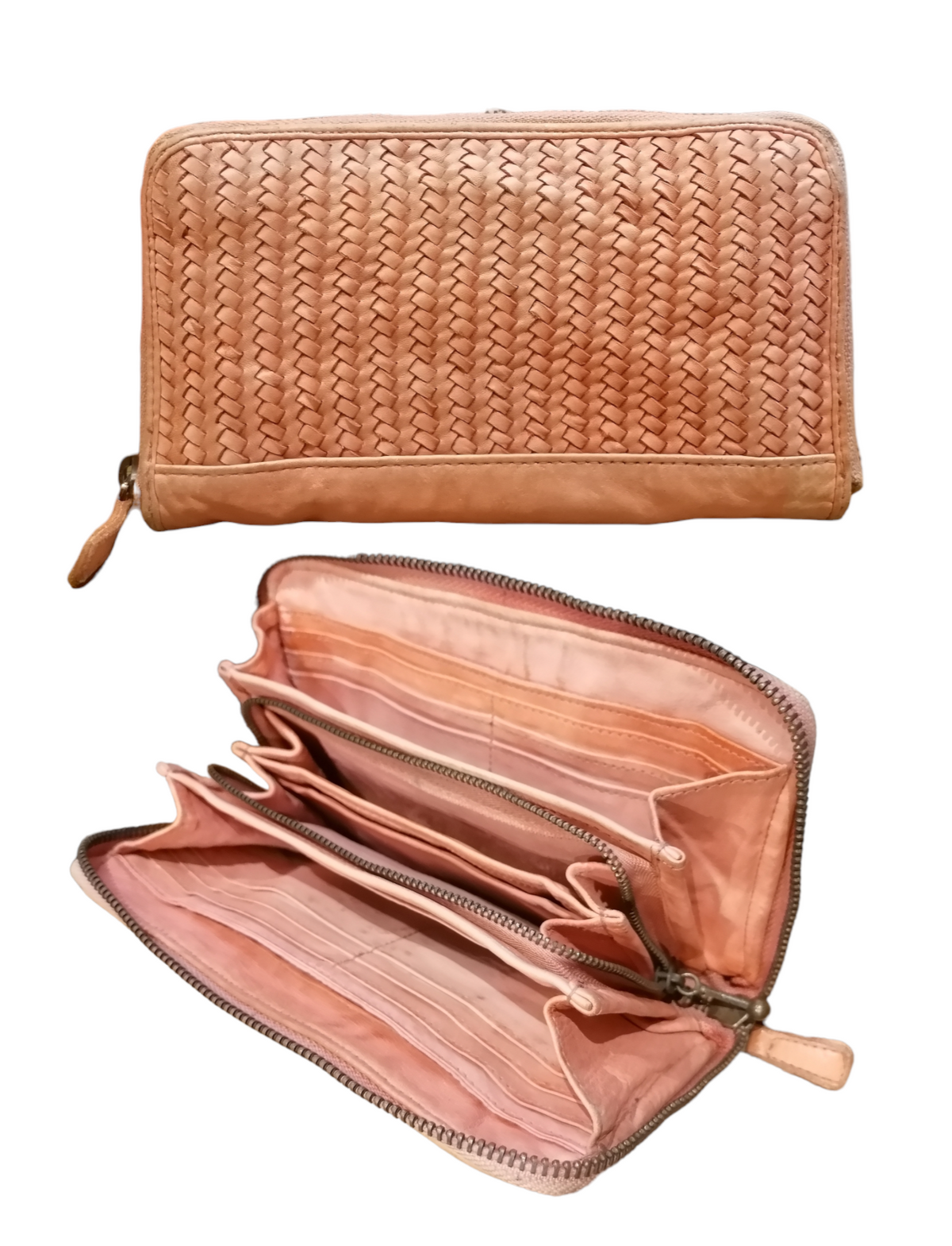 POFSS7505 Portafoglio Bifold a Cerniera in Pelle Intrecciata Effetto Vintage