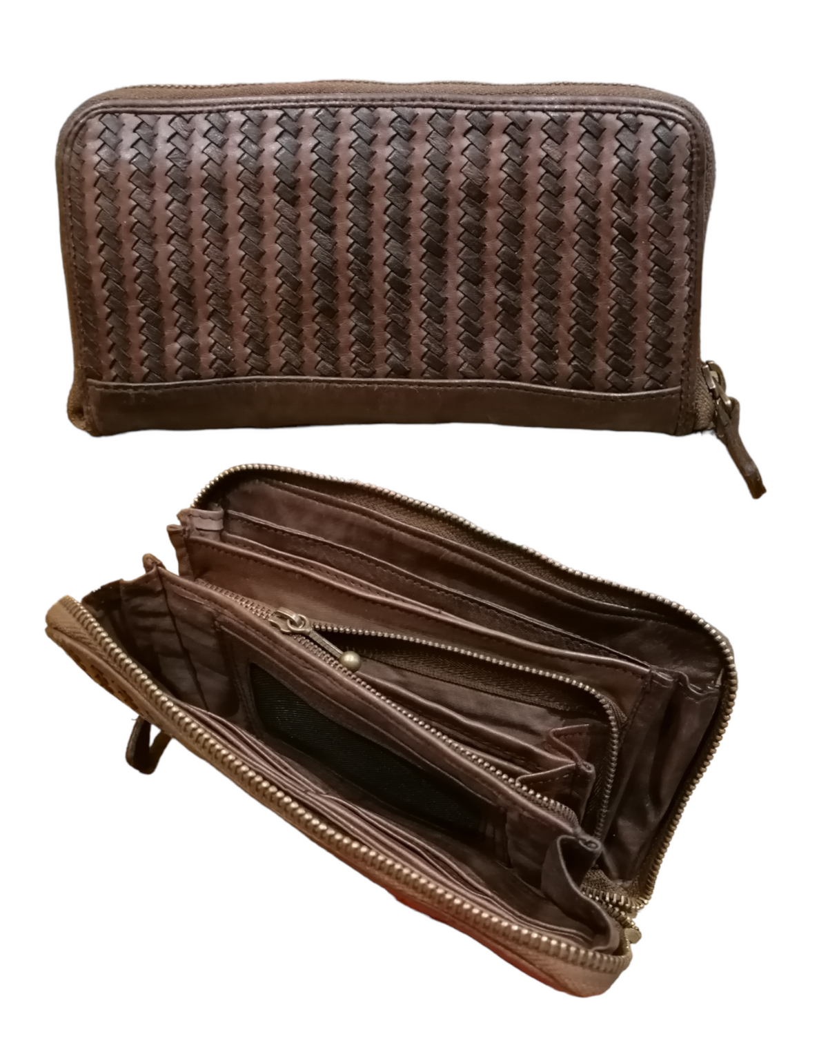 POFSS7505 Portafoglio Bifold a Cerniera in Pelle Intrecciata Effetto Vintage