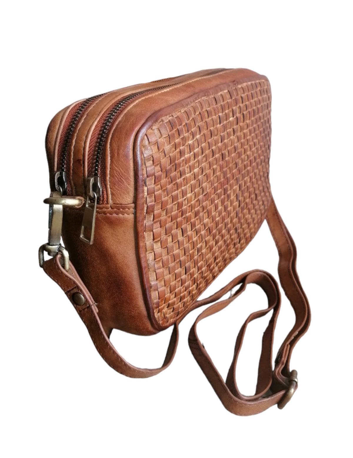 Tracolla Doppio Zip in Vera Pelle Intrecciata Sauvage | Stile Vintage