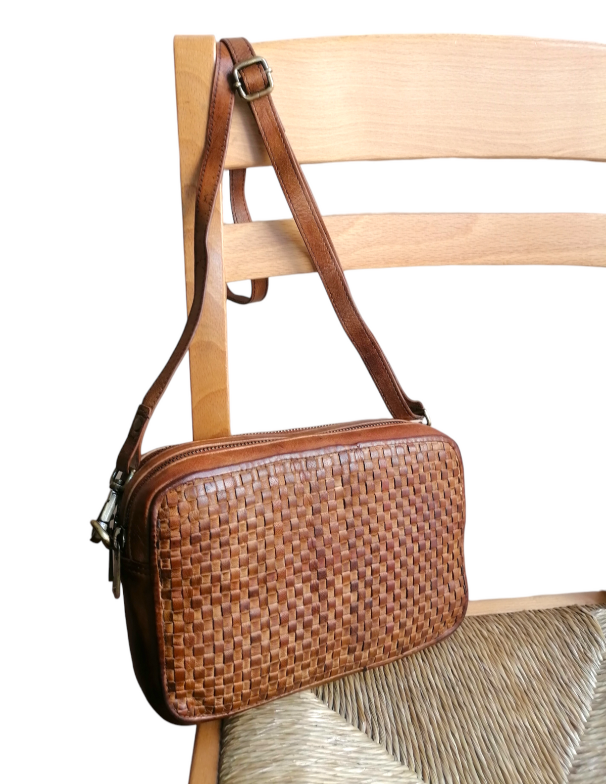 Tracolla Doppio Zip in Vera Pelle Intrecciata Sauvage | Stile Vintage
