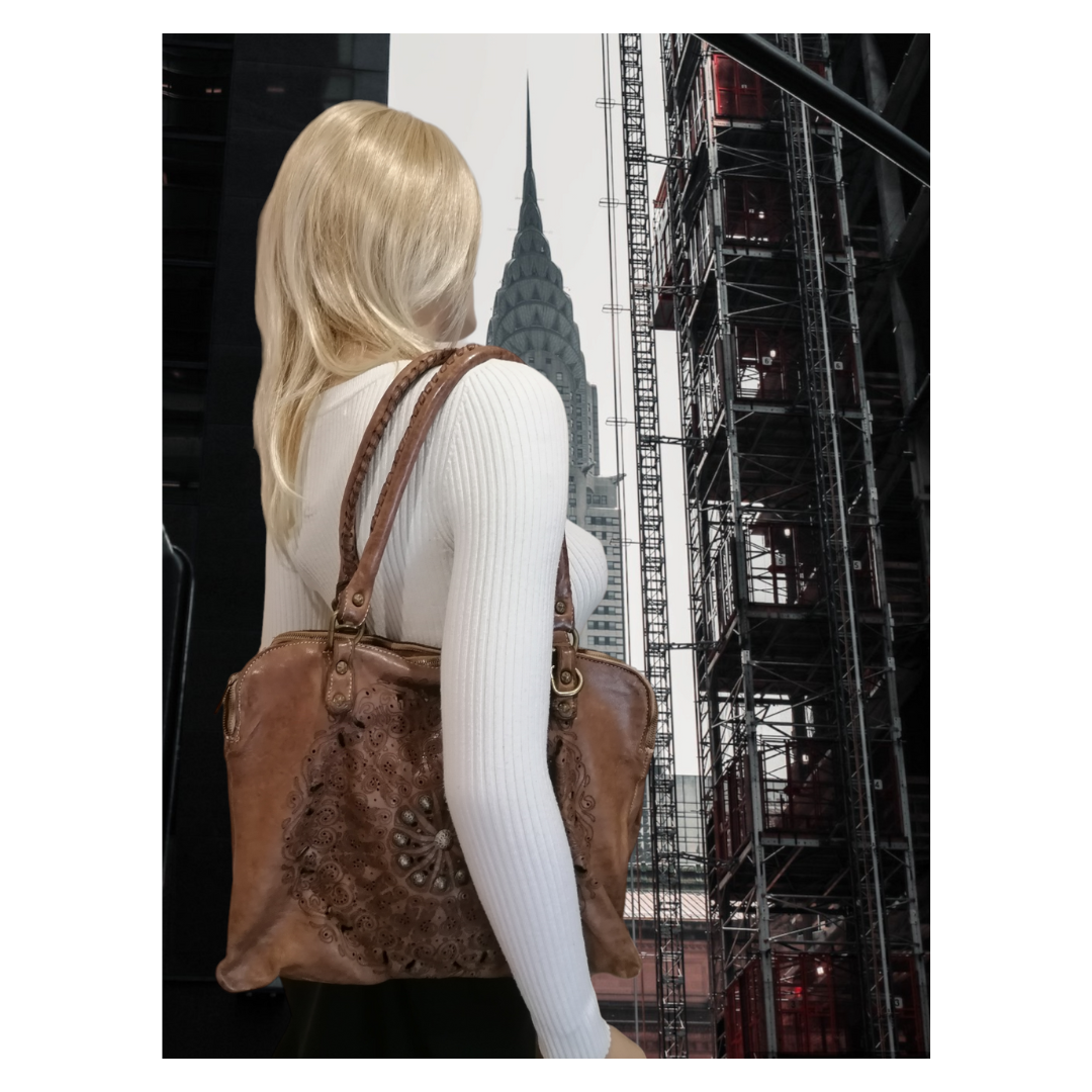 A Meta Prezzo! STOCK SS184 Shopper Tre comparti Noce Scuro Solein Pelle Sauvage