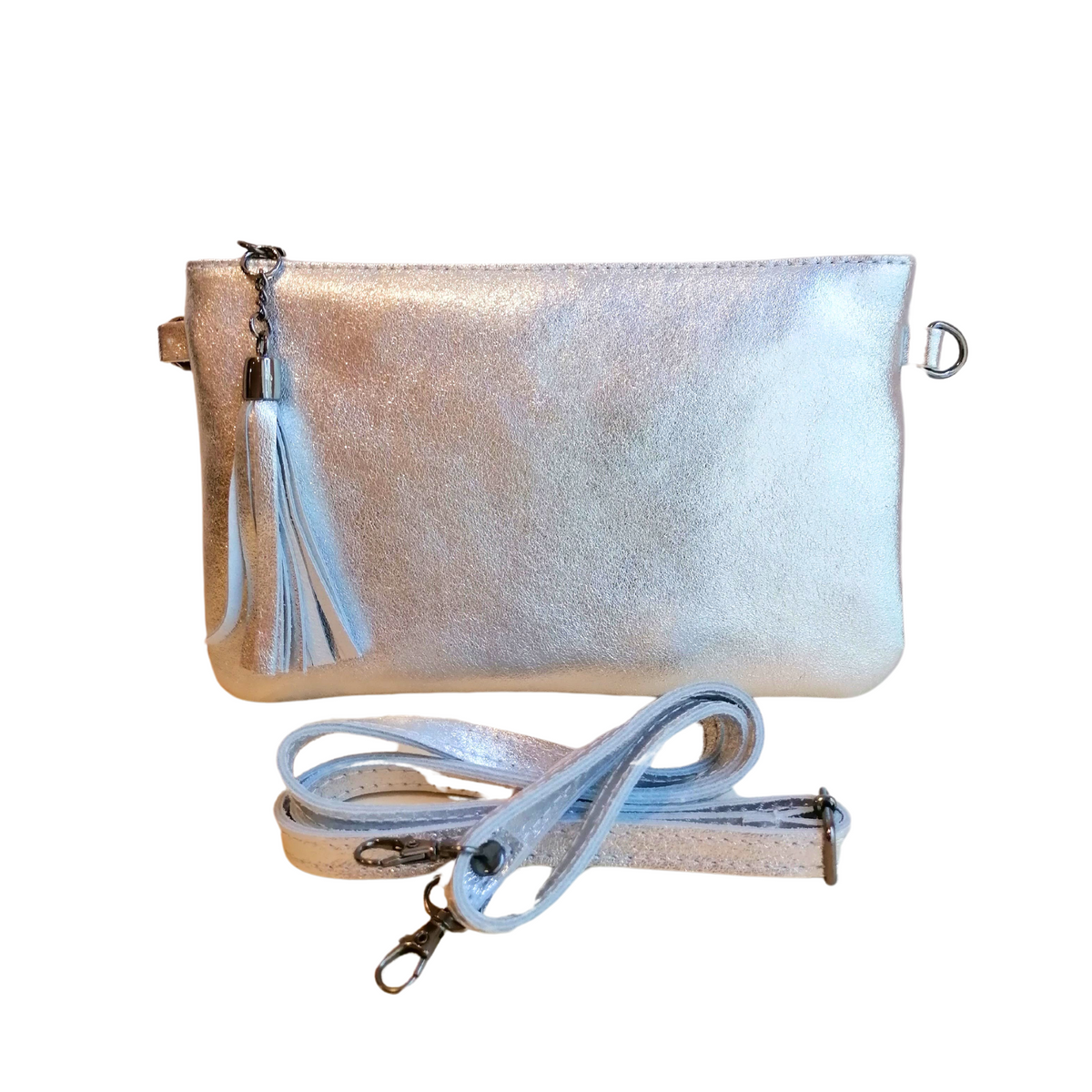 Bustina Tracolla con Frangia in Vera Pelle Metalizzata Made In Italy A222