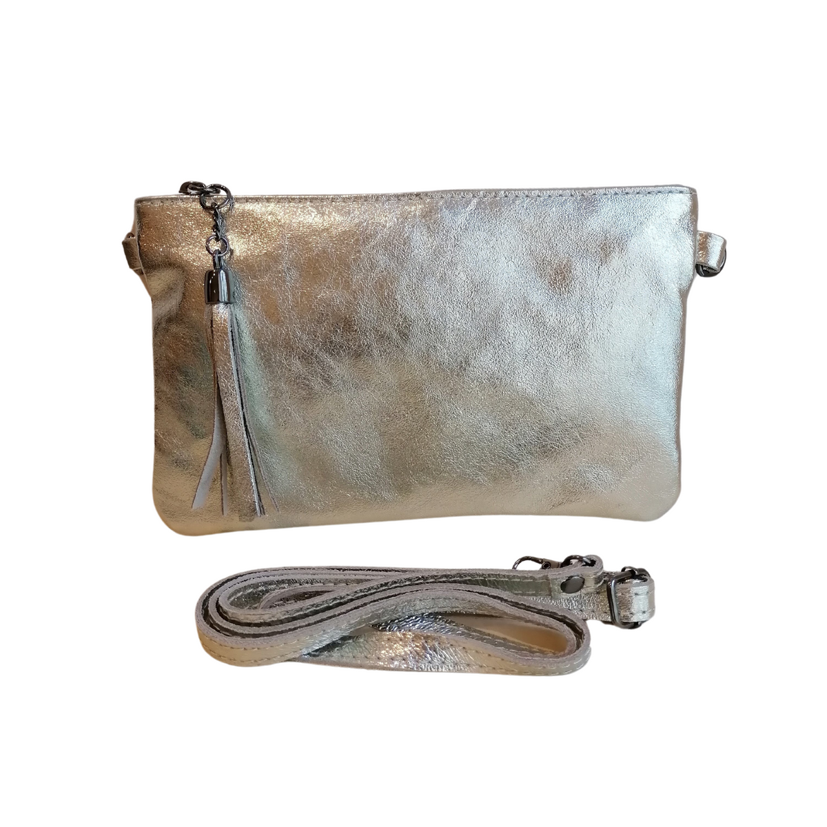 Bustina Tracolla con Frangia in Vera Pelle Metalizzata Made In Italy A222