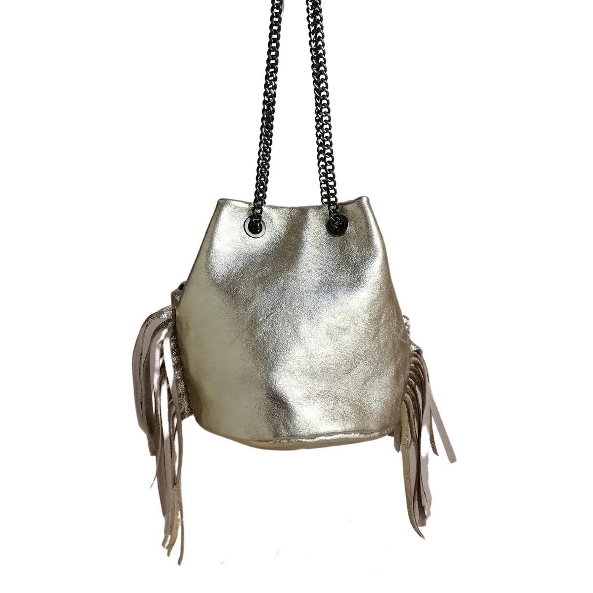 Borsa a Secchiello con Frangia in Vera Pelle Metalizzata Made In Italy
