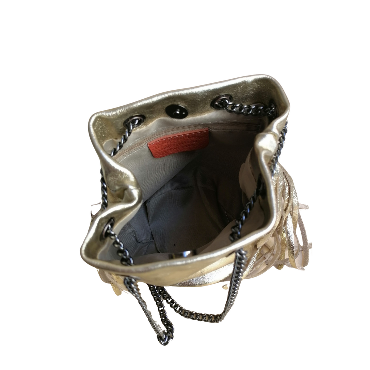 Borsa a Secchiello con Frangia in Vera Pelle Metalizzata Made In Italy