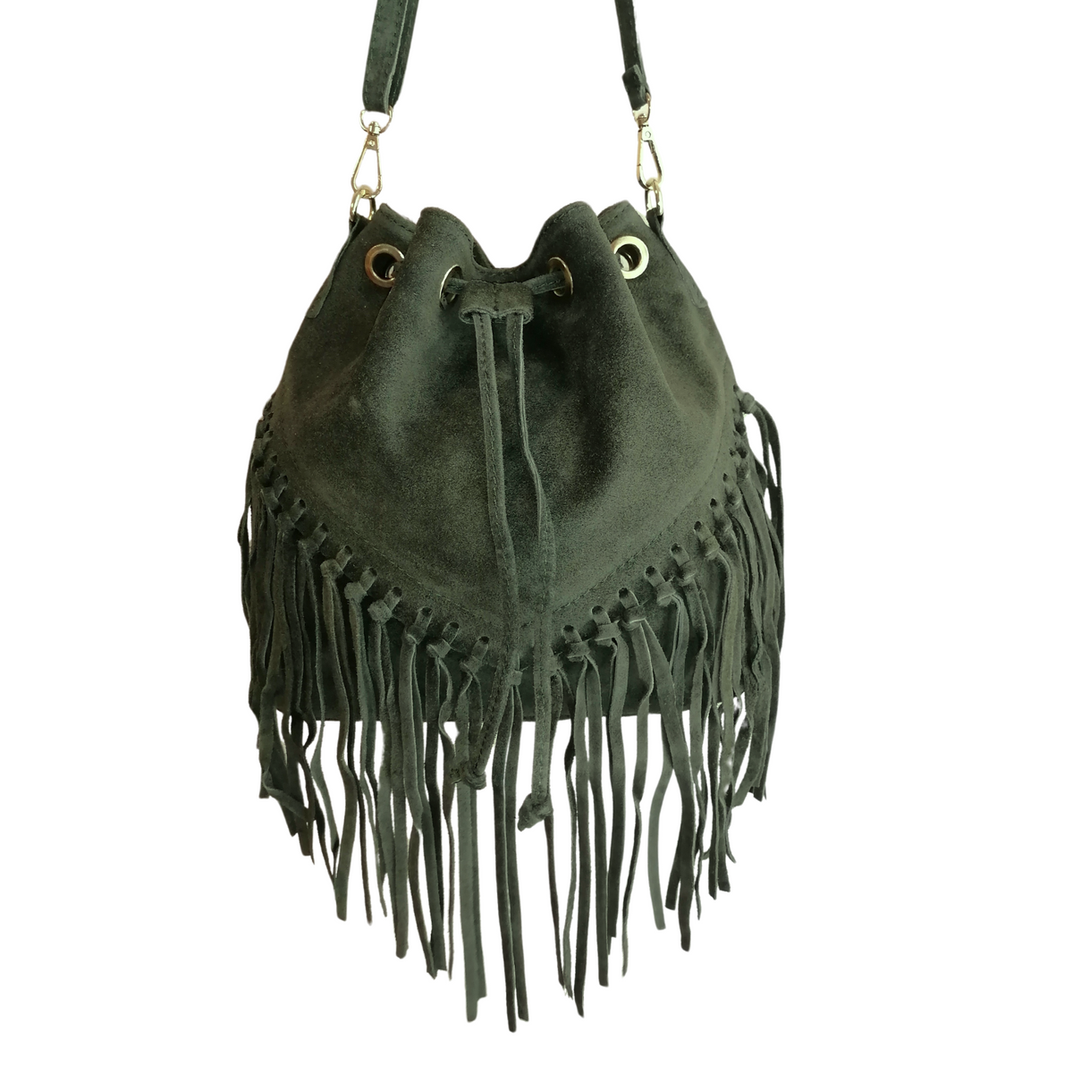 borsa a secchiello con frangia verde scuro