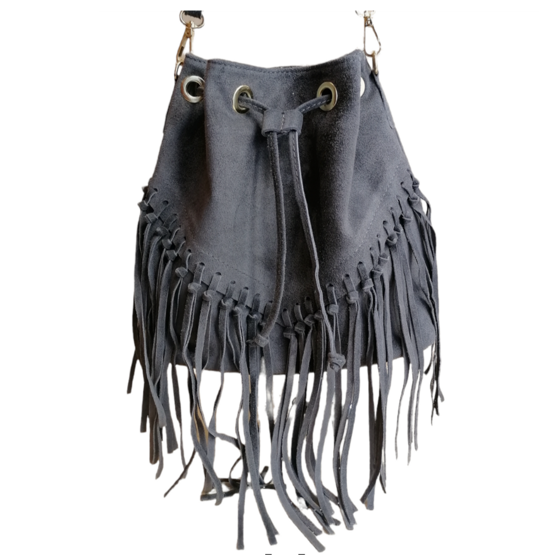 borsa a secchiello frangia grigio