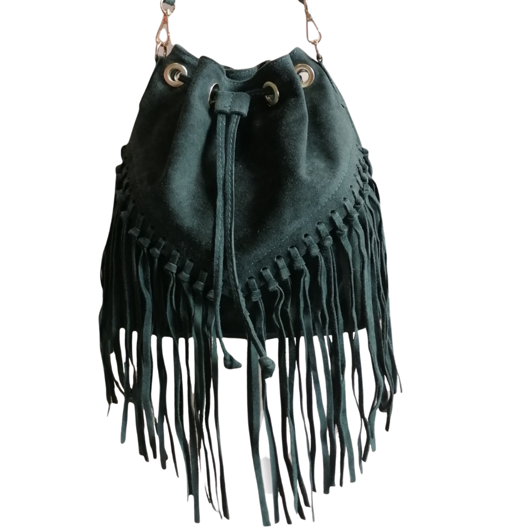 borsa a secchiello frangia verde