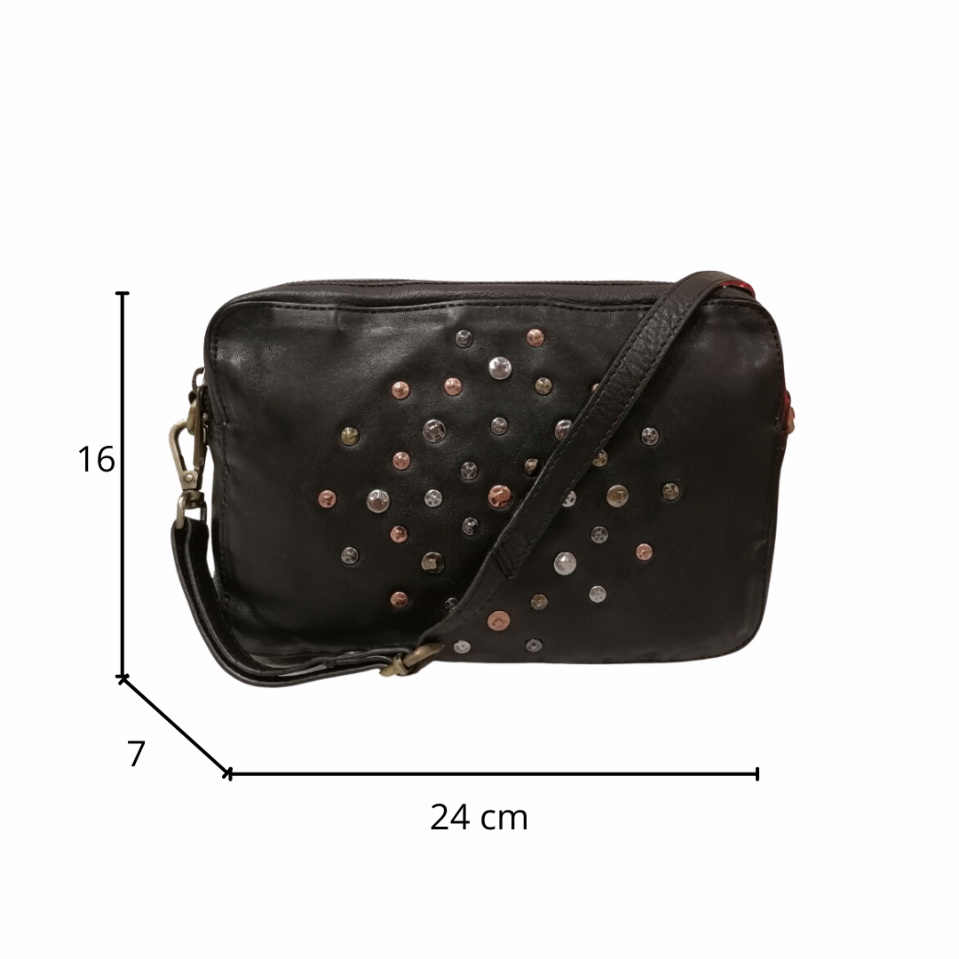 Borsetta a Tracolla Doppio Zip con Rivetti in Vera Pelle Sauvage Vintage