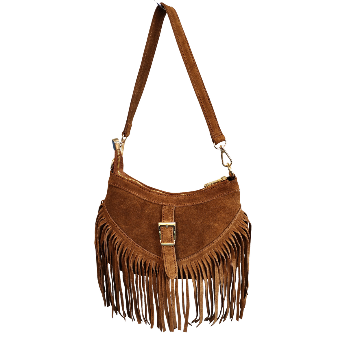 Borsa a Tracolla con Frangia in Vera Pelle Scamosciata Made in Italy