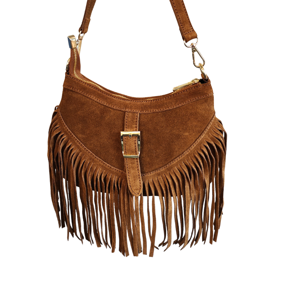 Borsa a Tracolla con Frangia in Vera Pelle Scamosciata Made in Italy