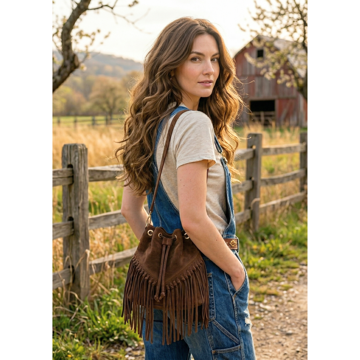 Borsa a Secchiello con Frangia in Pelle Scamosciata | Made in Italy