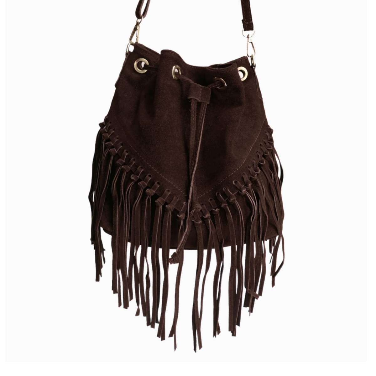 Borsa a Secchiello con Frangia in Pelle Scamosciata
