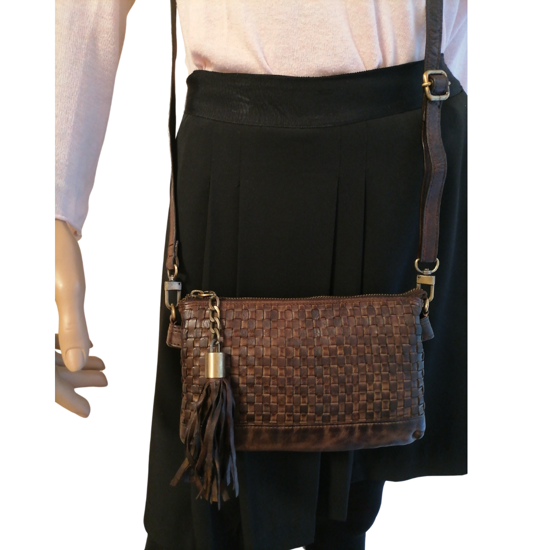 Borsetta a Tracolla Doppio Comparto in Vera Pelle Intrecciata Sauvage