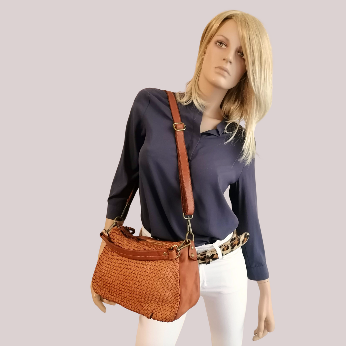 Borsa a Tracolla 2 Zip in Vera Pelle Sauvage Intrecciata ss247 Made In Italy