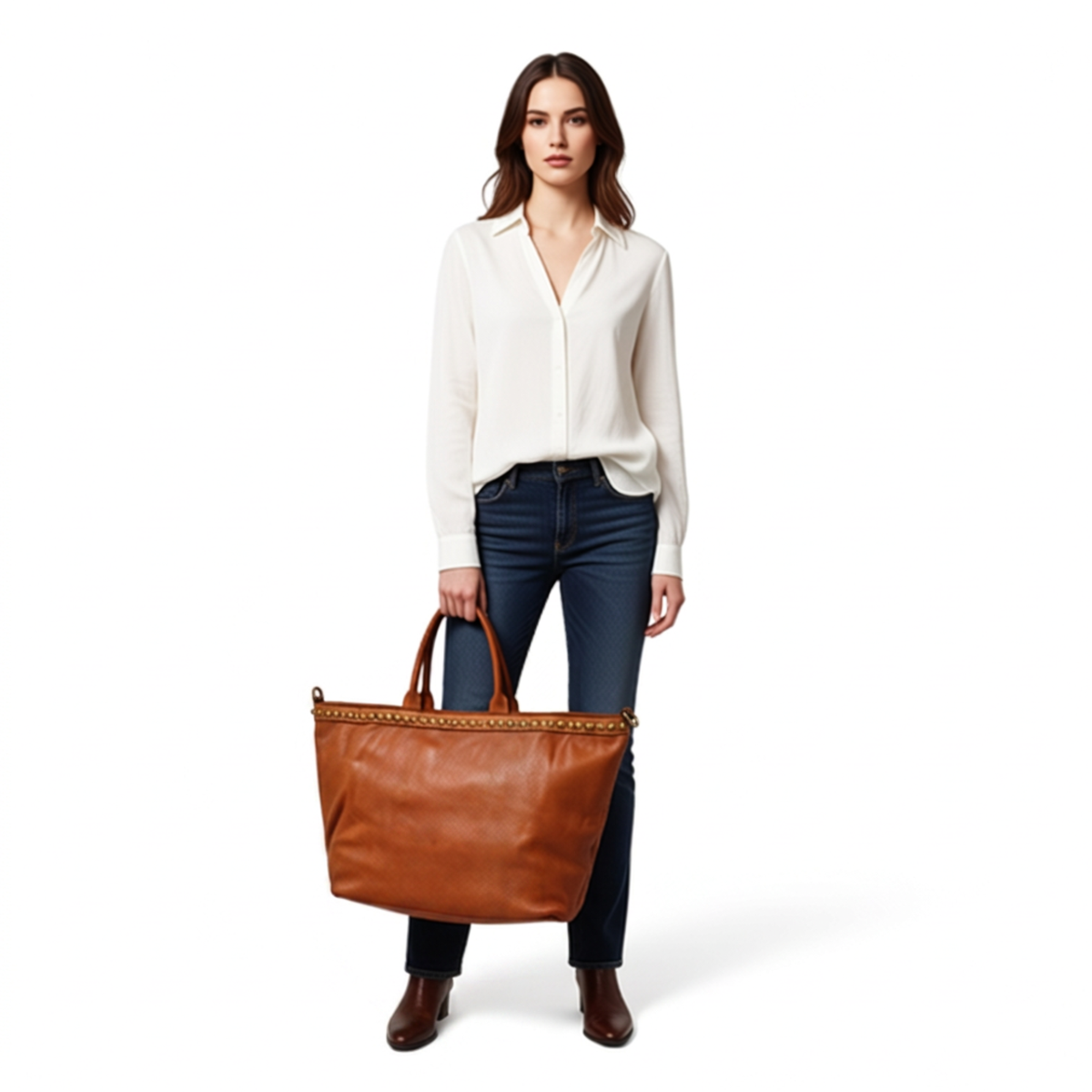 A metà prezzo! Borsa grande con Borchie in Vera Pelle Sauvage