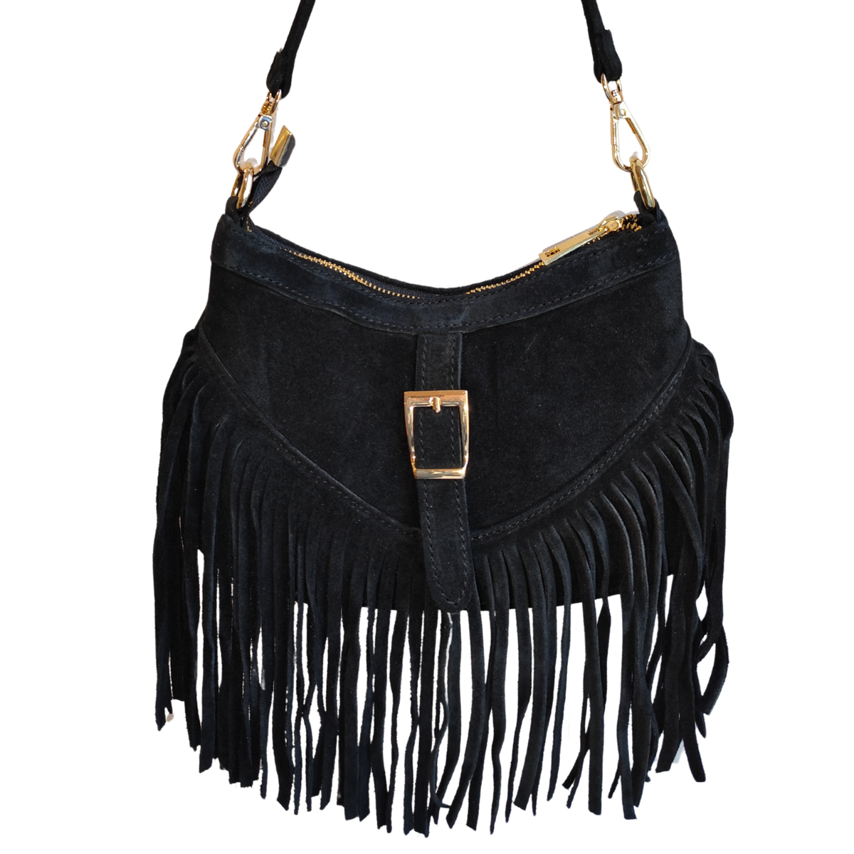 Borsa a Mezzaluna con Frangia in Vera Pelle Scamosciata Made in Italy