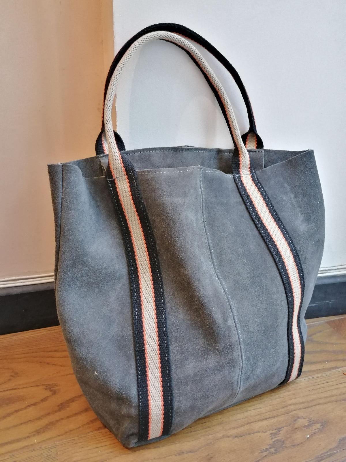 Tote Bag Grande in Pelle Scamosciata con Manici Bicolore