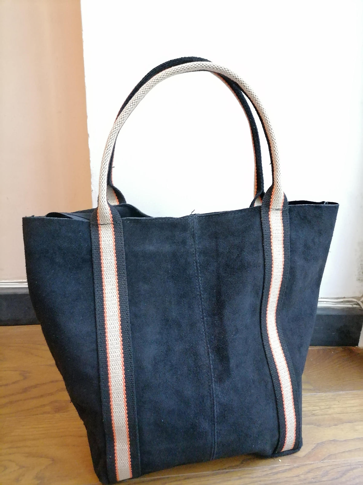 Tote Bag Grande in Pelle Scamosciata con Manici Bicolore