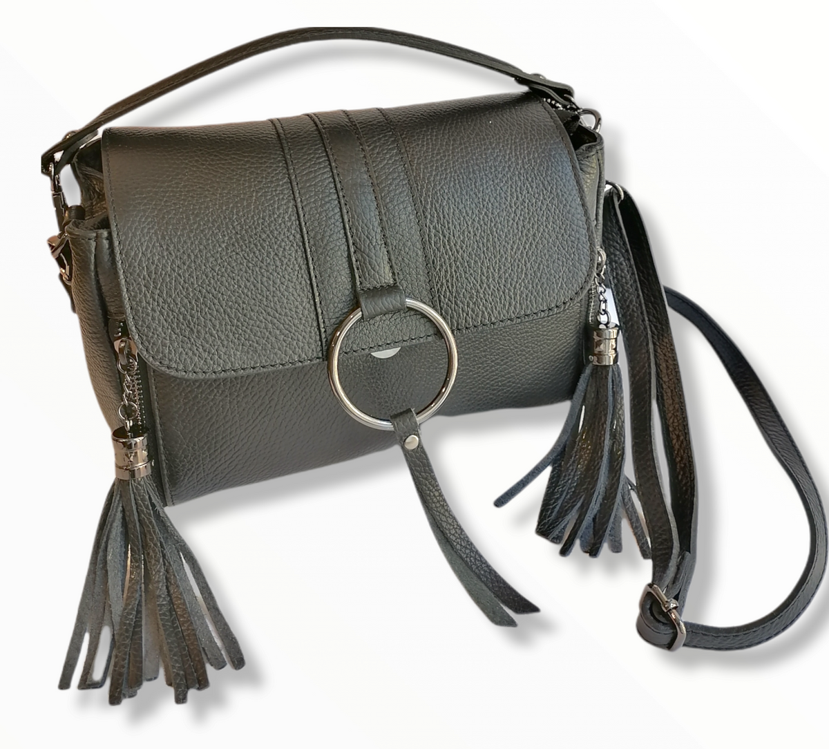 Borsa Box Doppia Frangia a Tracolla in Vera Pelle