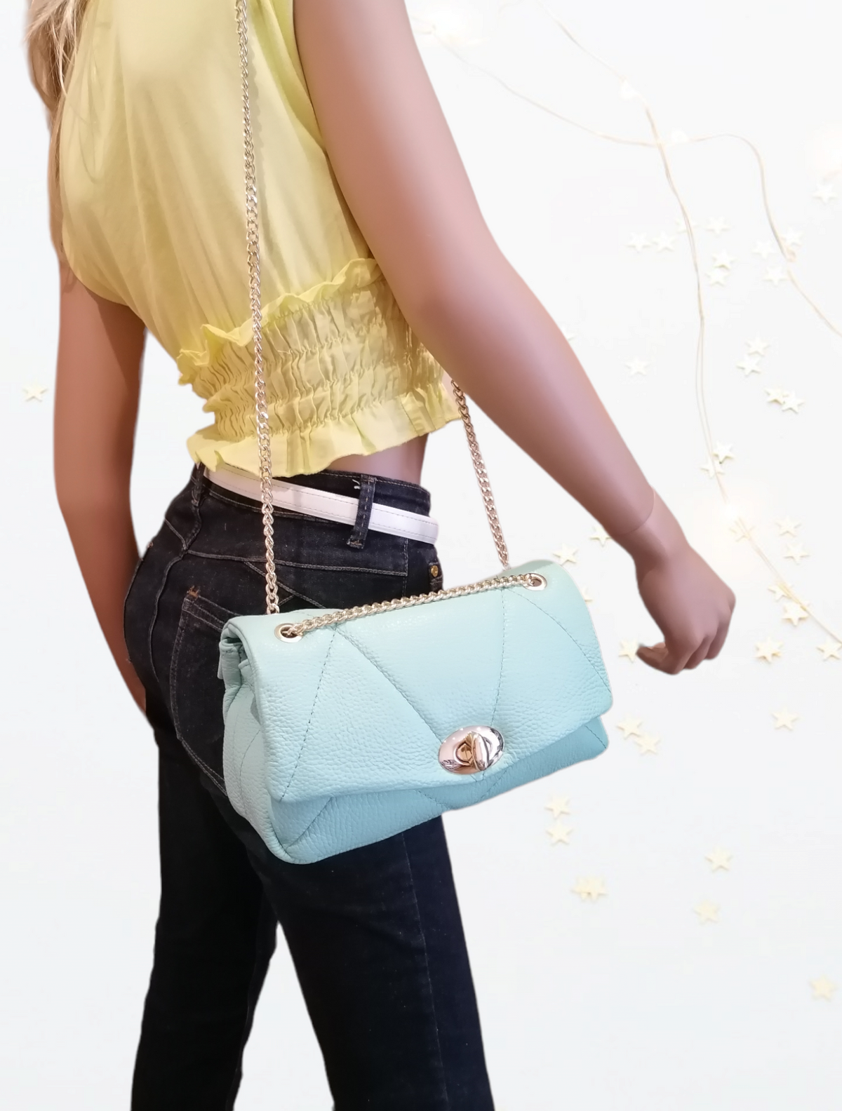 Borsa a Tracolla con Catena in Vera Pelle Imbottita