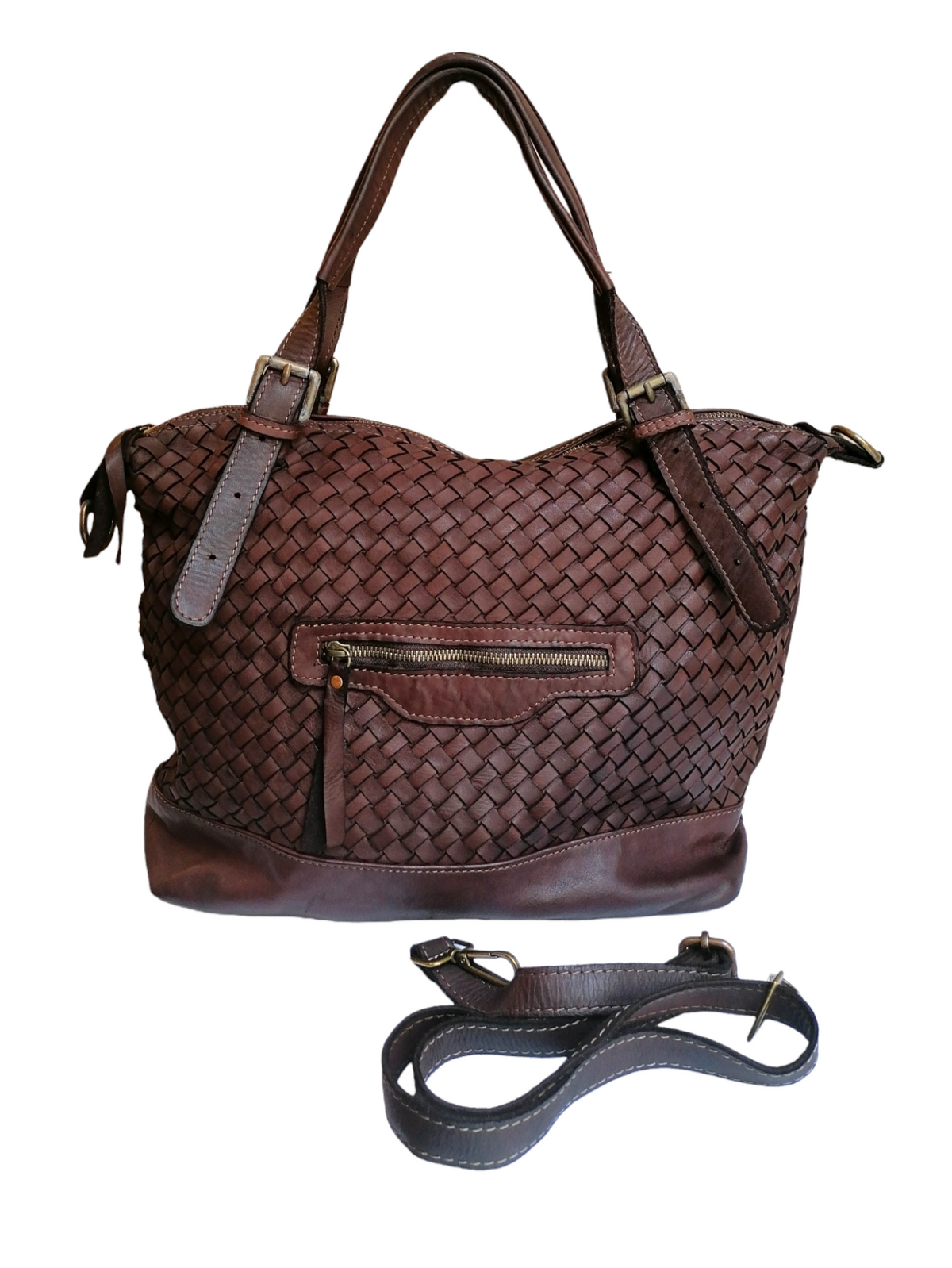 Borsa Shopping Intrecciata con Tracolla in Pelle Sauvage Stile Vintage