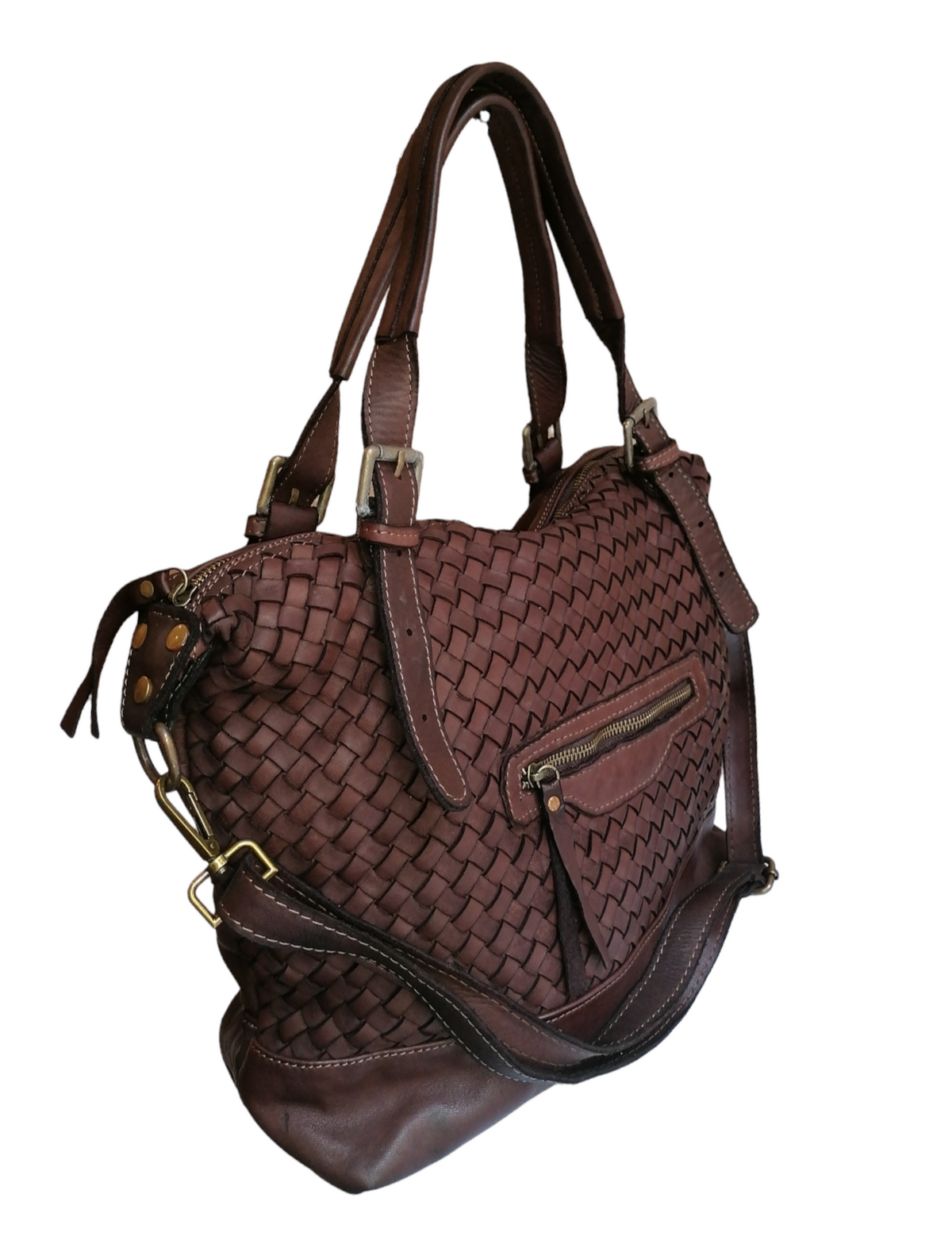 Borsa Shopping Intrecciata con Tracolla in Pelle Sauvage Stile Vintage