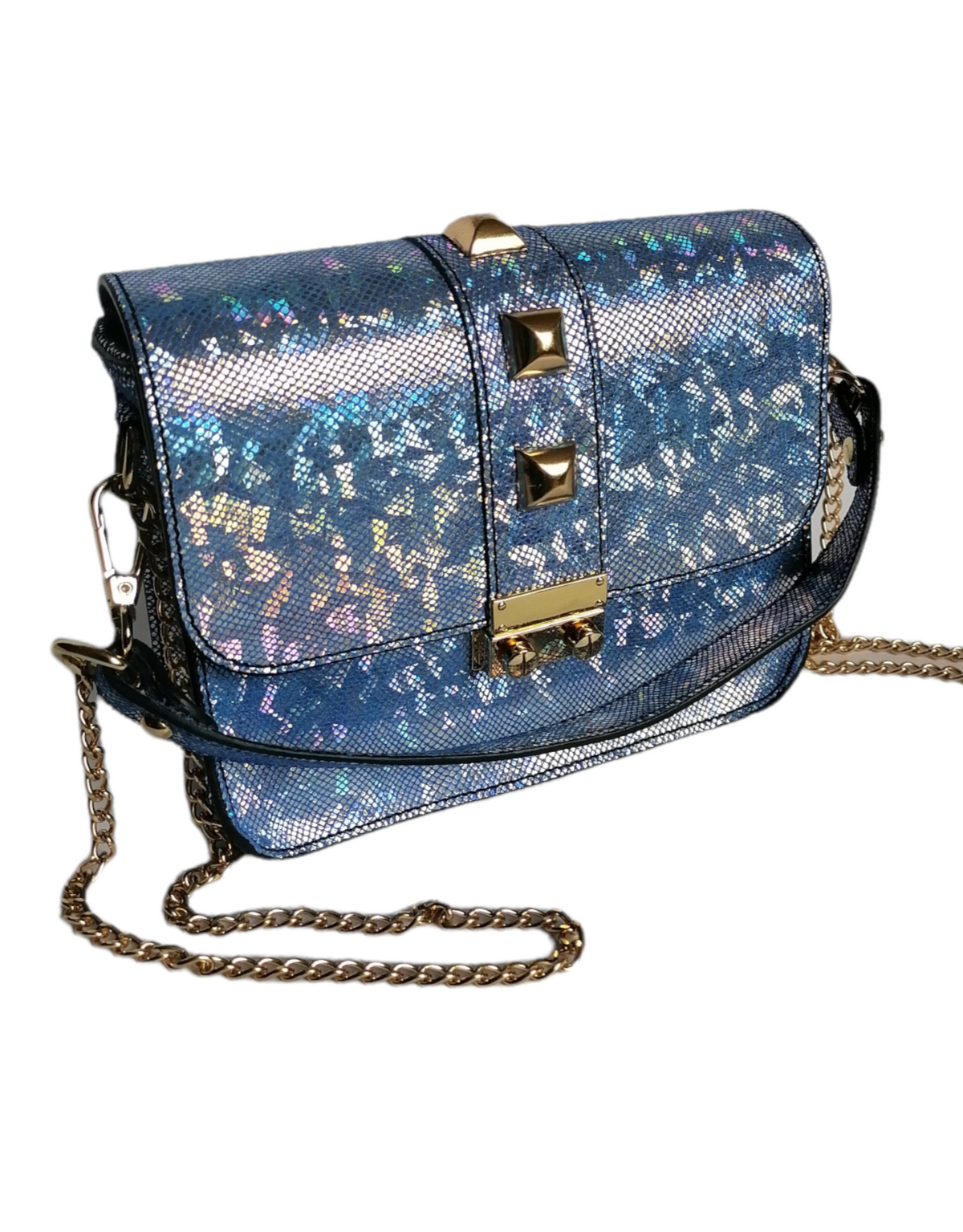 borsetta in pelle con metallo oro azzurro