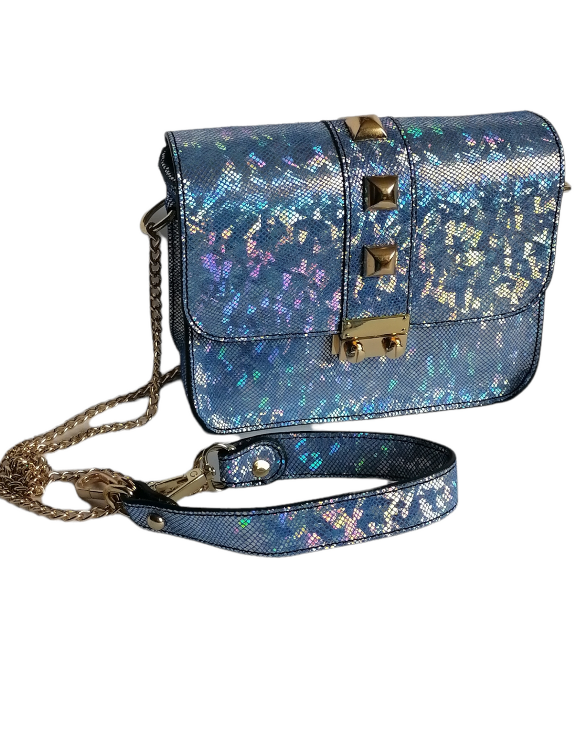 borsetta in pelle con metallo oro azzurro fronte