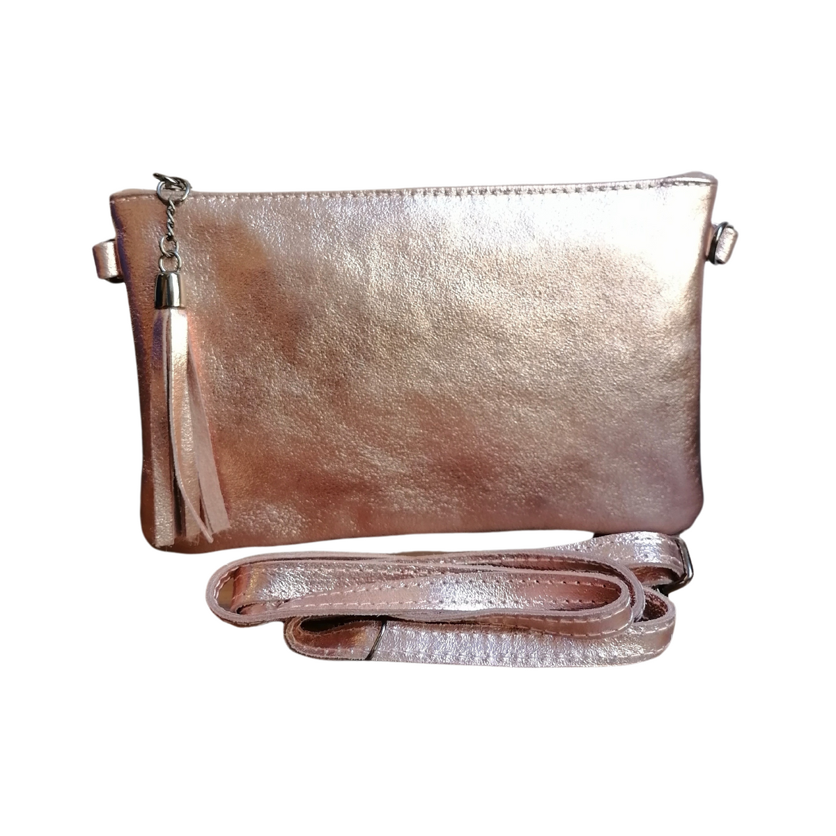 Bustina Tracolla con Frangia in Vera Pelle Metalizzata Made In Italy A222