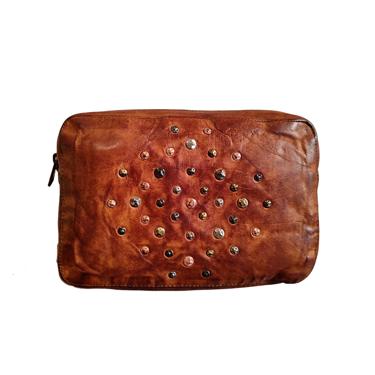 Borsetta a Tracolla Doppio Zip con Rivetti in Vera Pelle Sauvage Vintage