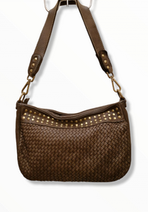 Tracolla Messenger con Borchie in Vera Pelle Intrecciata Sauvage Vintage