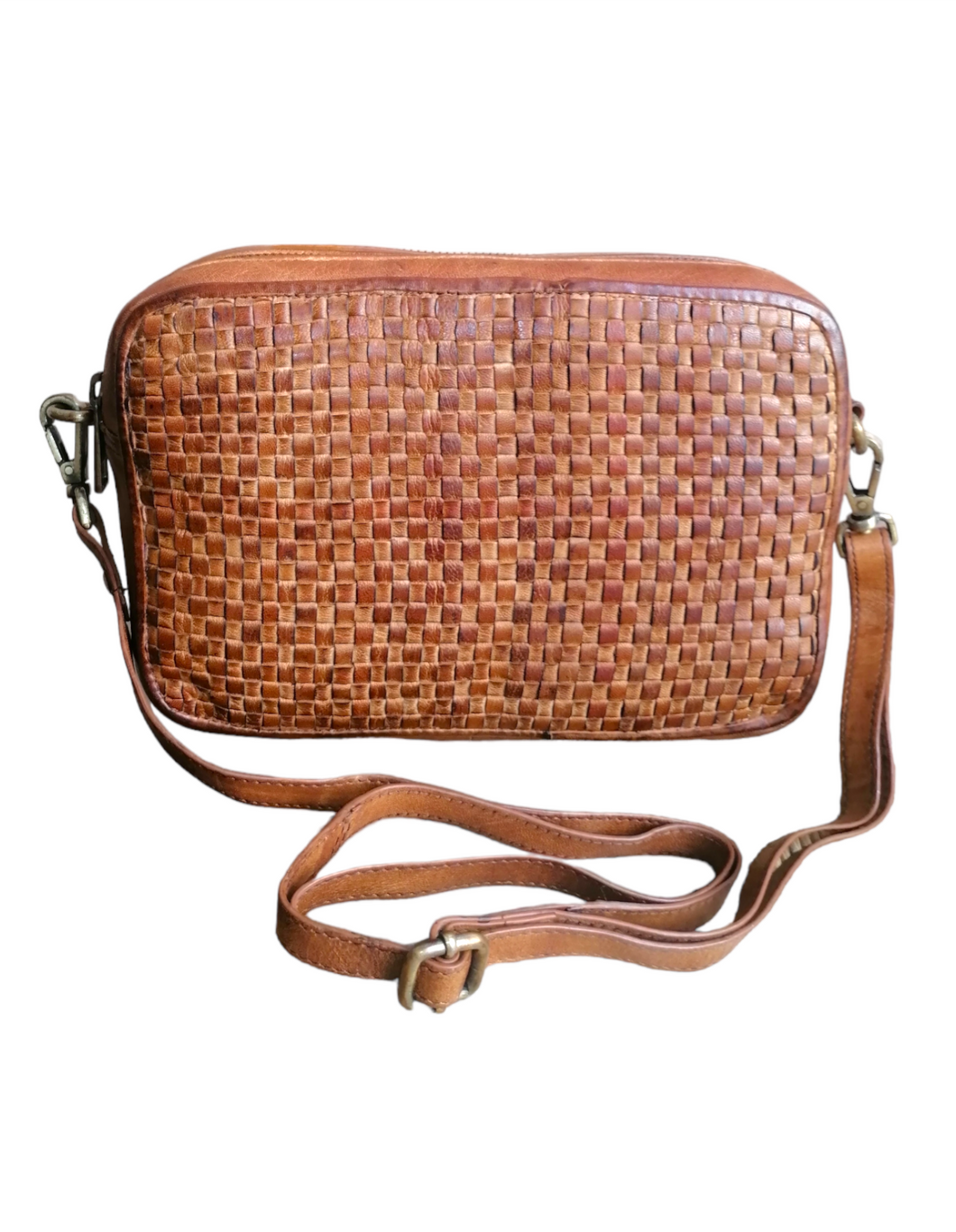 Tracolla Doppio Zip in Vera Pelle Intrecciata Sauvage