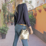 Borsa a Secchiello con Frangia in Vera Pelle Metalizzata Made In Italy