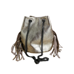 Borsa a Secchiello con Frangia in Vera Pelle Metalizzata Made In Italy