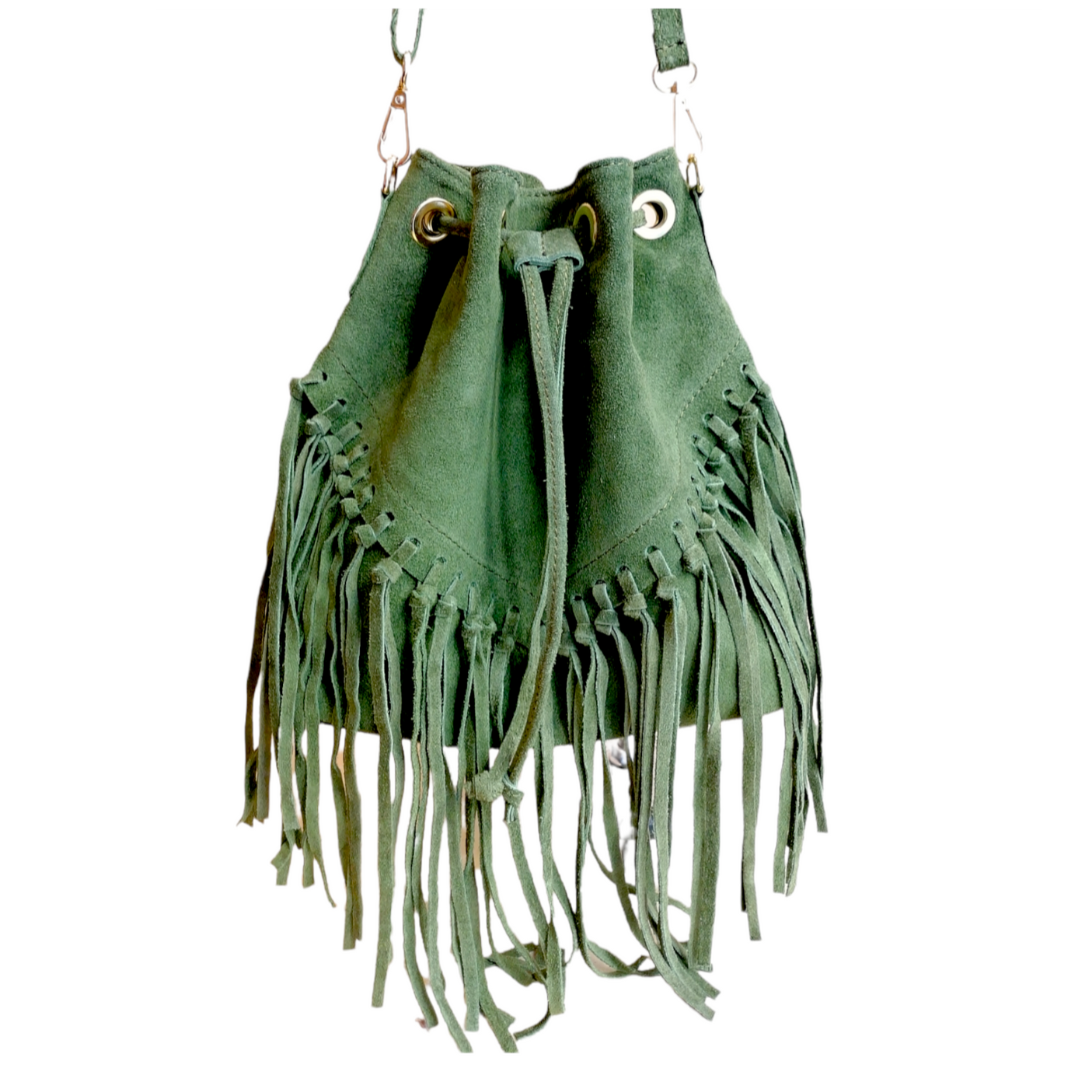 borsa a secchiello frangia verde pastello