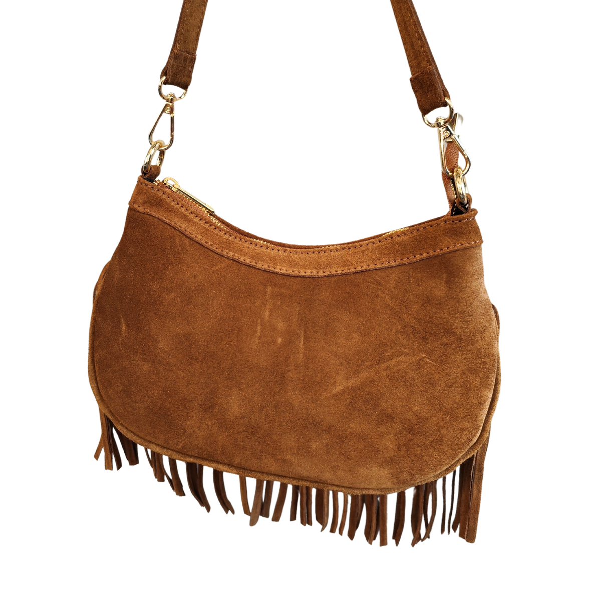 Borsa a Tracolla con Frangia in Vera Pelle Scamosciata Made in Italy