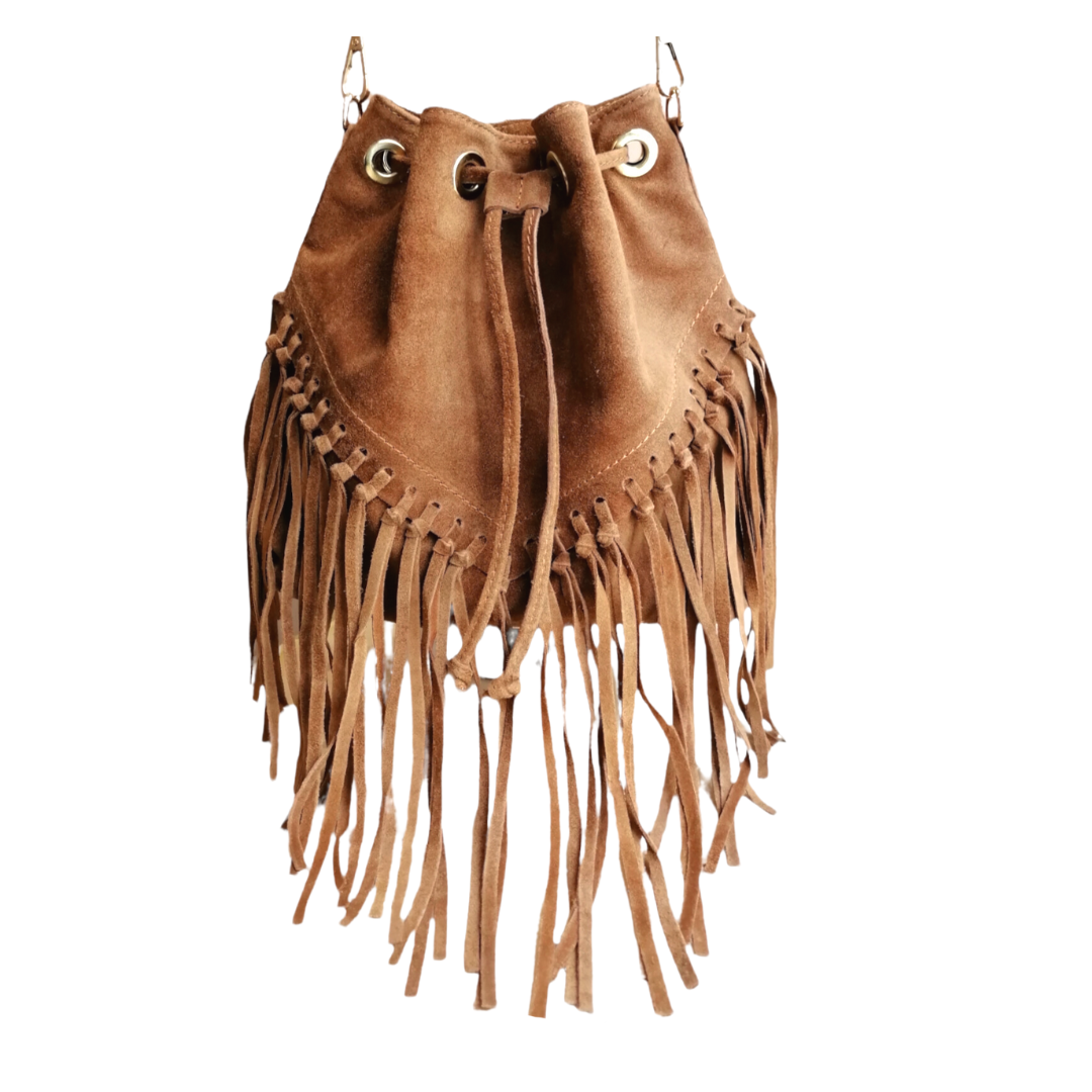borsa a secchiello con frangia marrone