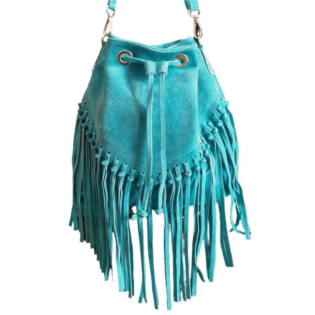 Borsa a Secchiello con Frangia in Pelle Scamosciata Stock Vera Pelle