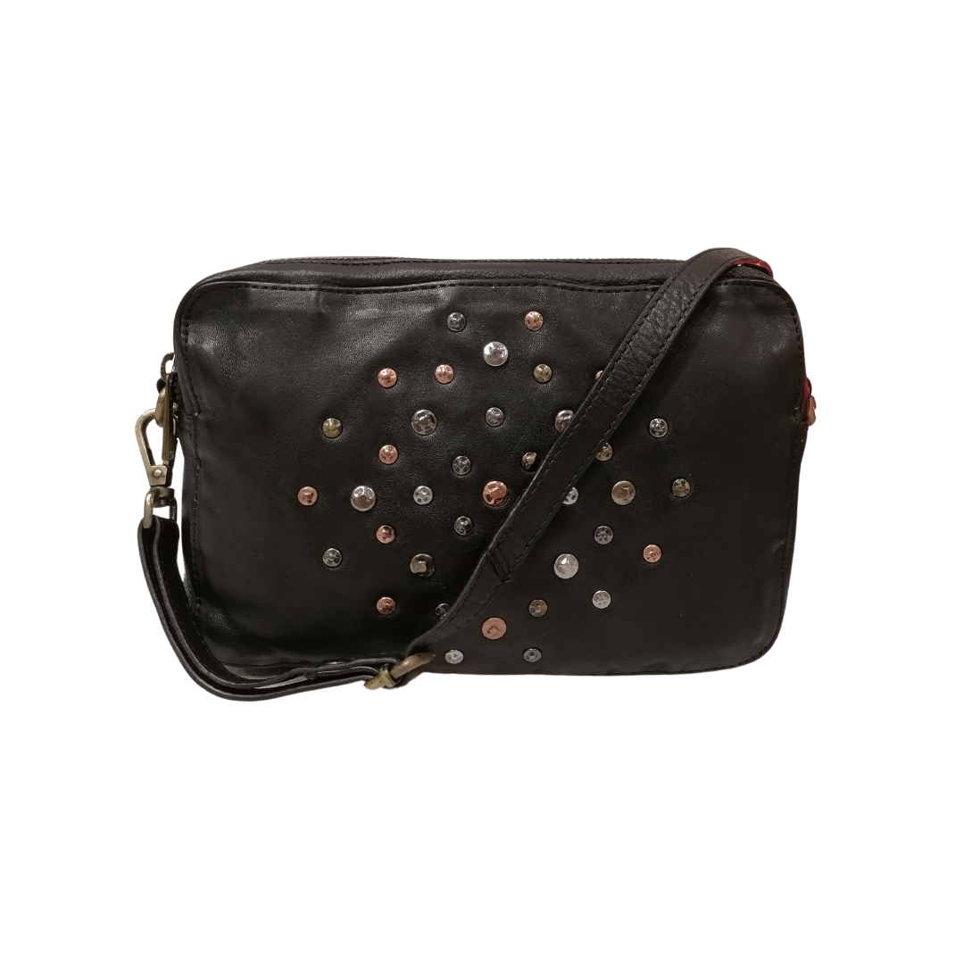 Borsetta a Tracolla Doppio Zip con Rivetti in Vera Pelle Sauvage Vintage
