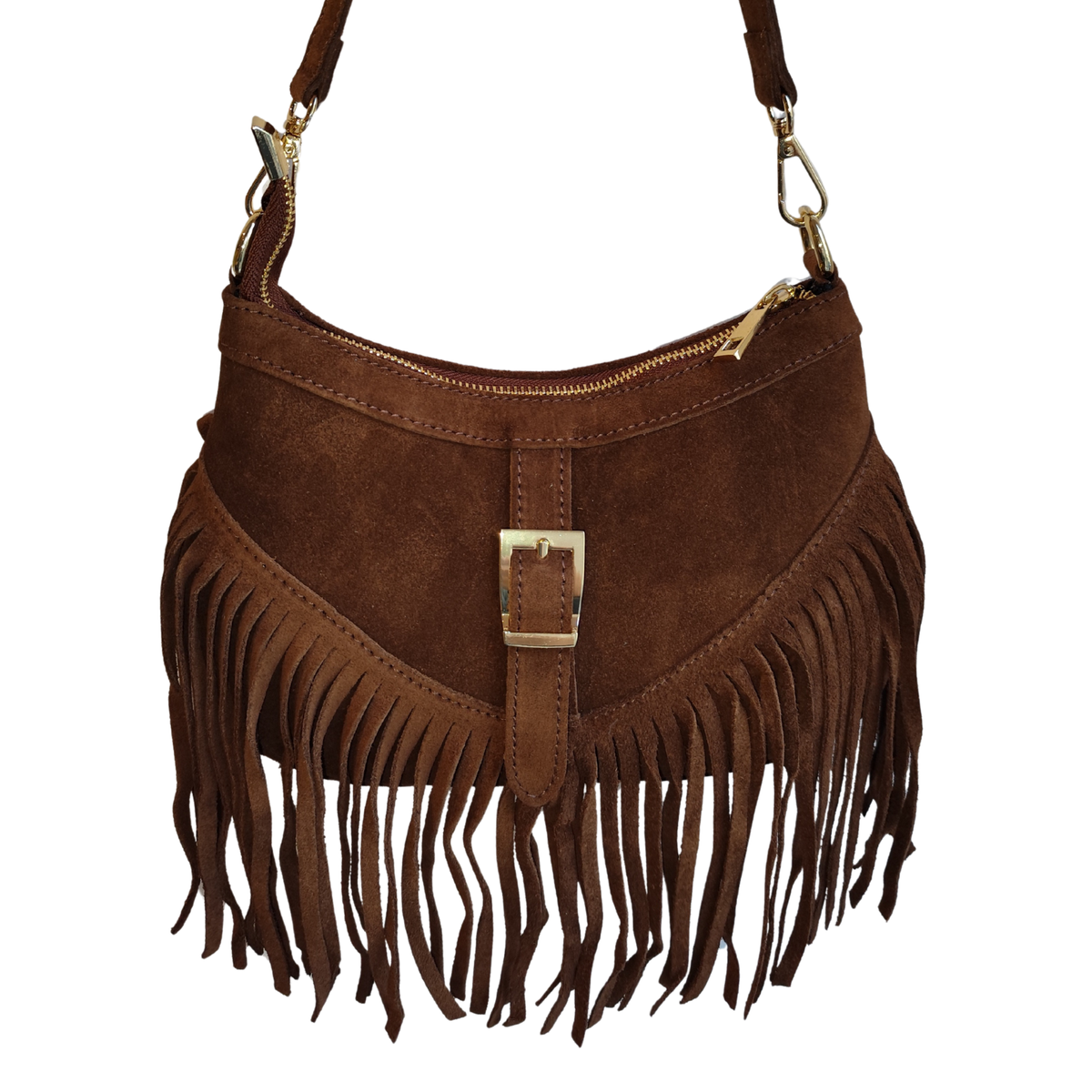 Borsa a Tracolla con Frangia in Vera Pelle Scamosciata Made in Italy