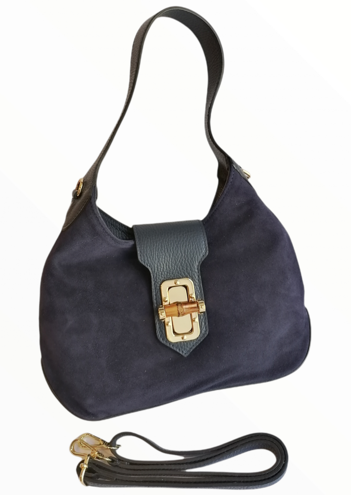 borsa hobo bambù scamosciata blu