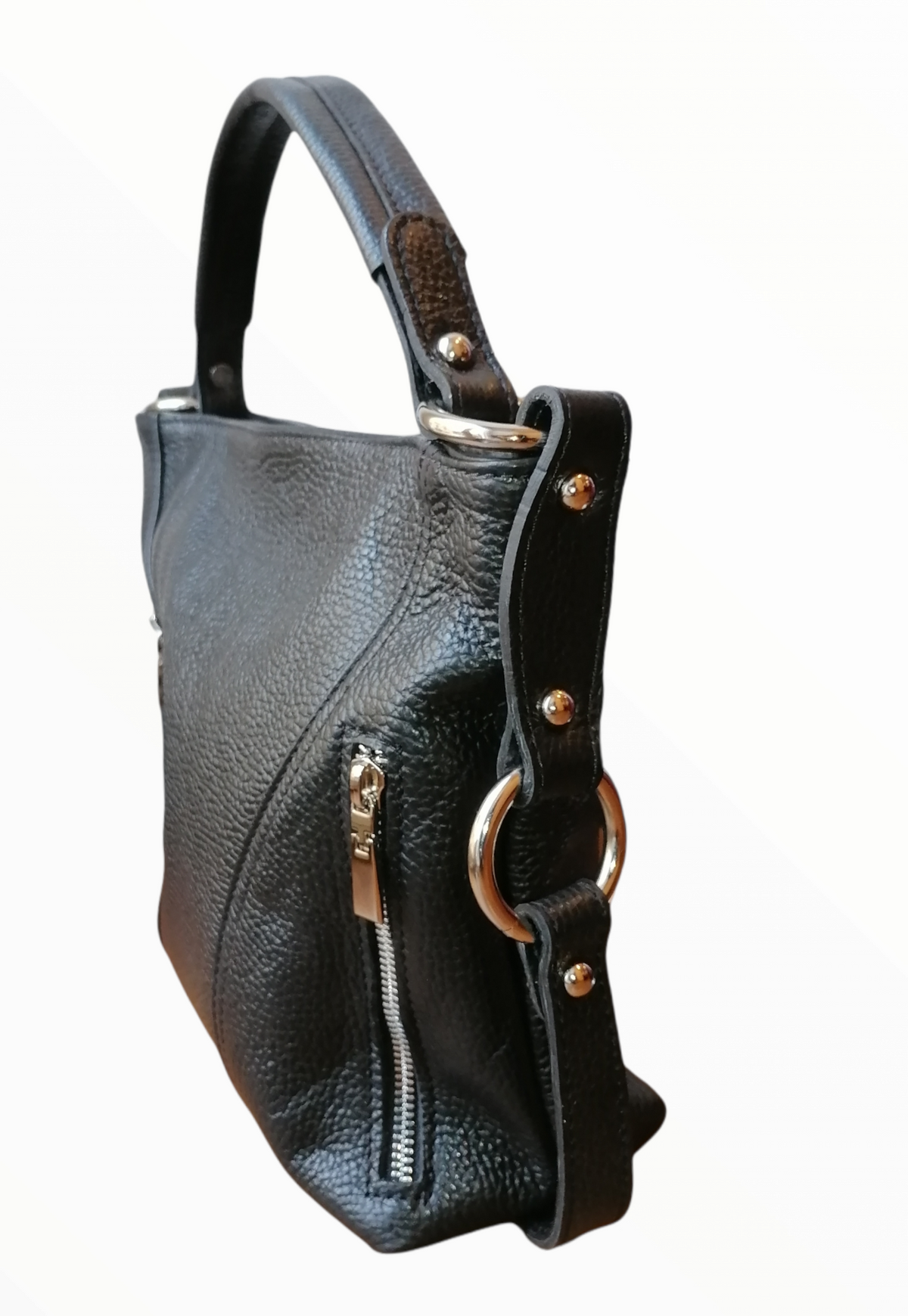 Hobo bag con tracolla in vera pelle nero side