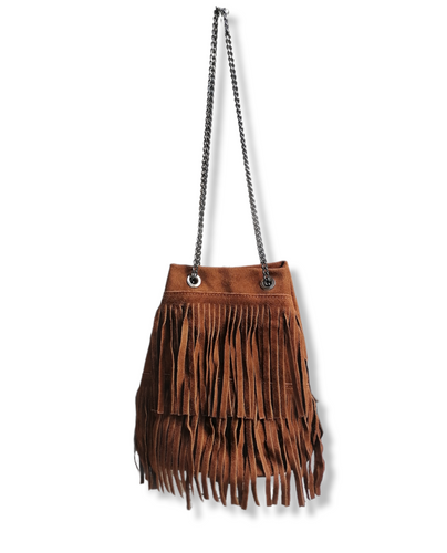 borsa frangia catena marrone
